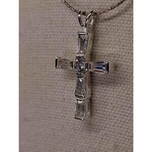 925 Silver Cross Pendant W/ Baguette & Diamond Cut Cubic Zirconia Stones